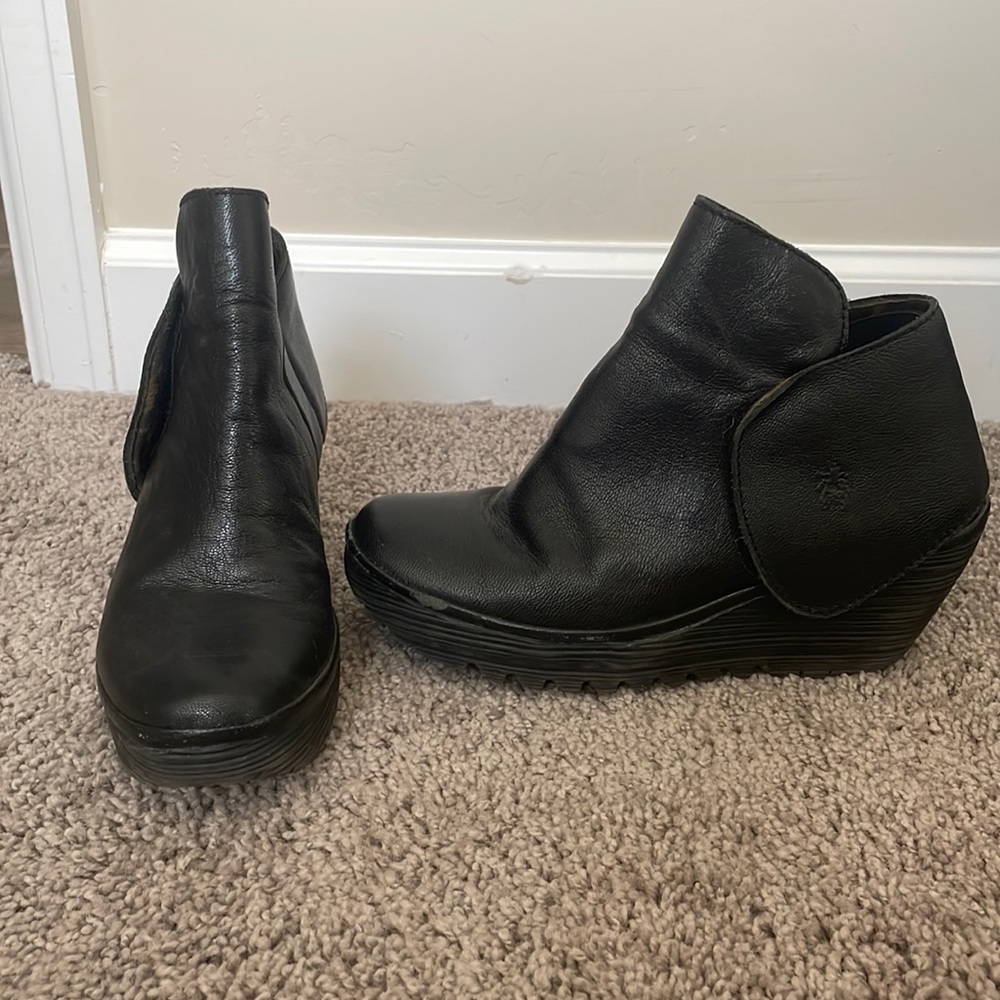 Fly London Black Leather Ankle Wedge Booties size 8